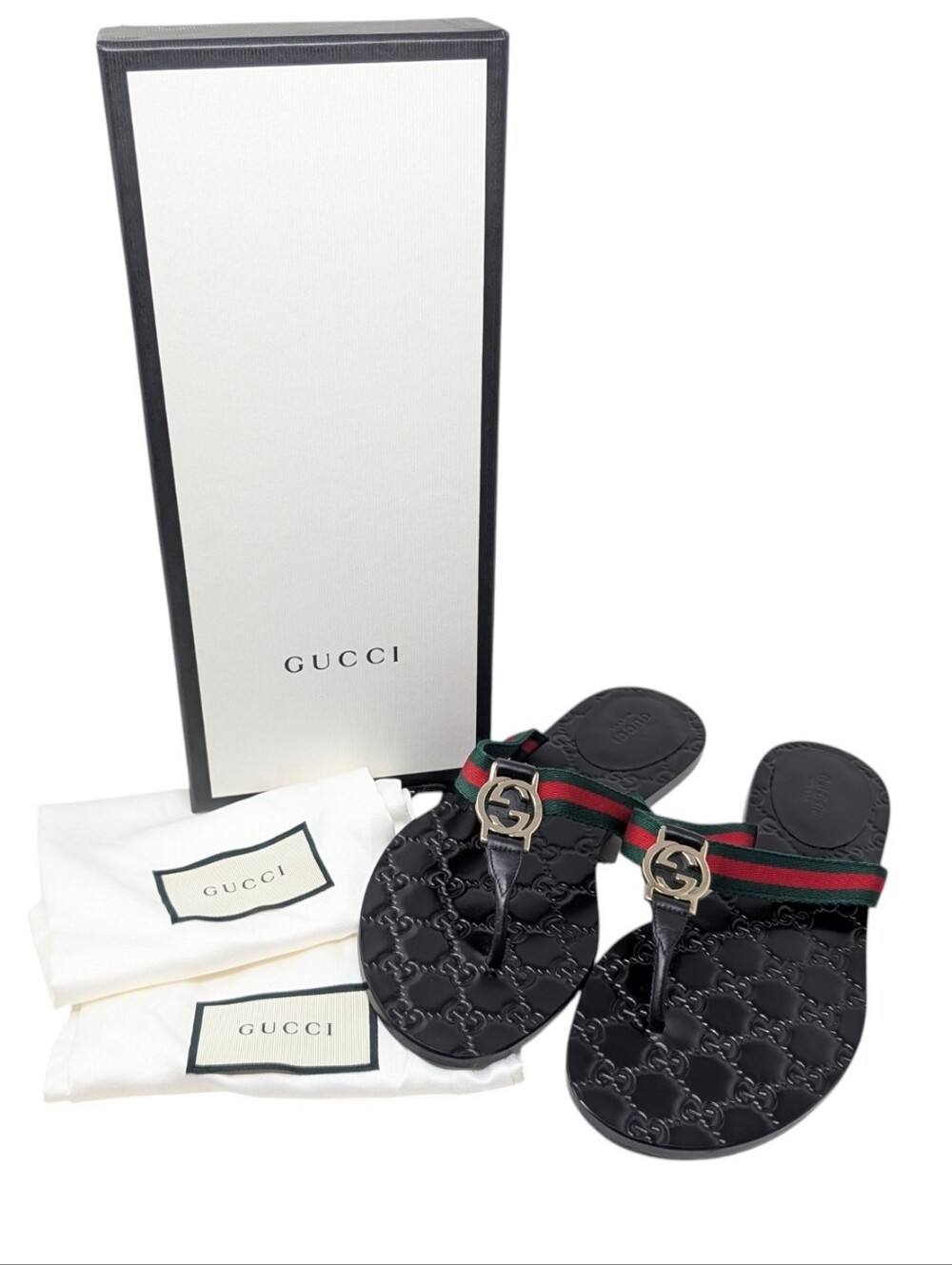 Gucci Black Lifford Web Interlocking G GG Thong Flip Flop Sandals Size EU 39
